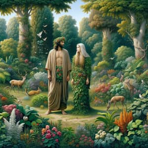 Adam and Eve in Lush Garden: Serene Conversation Amidst Wildlife