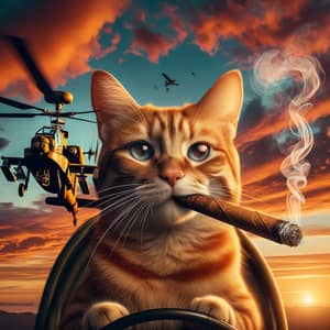 Ginger Tabby Cat Flying Apache Helicopter at Sunset