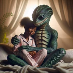 Interspecies Bond: Black Girl and Reptilian Being on Cozy Bed