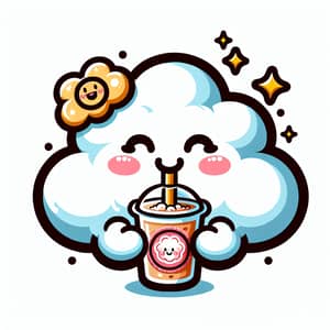 Whimsical Fluffy Cloud Sipping Milk Tea - Cartoon Illustration
