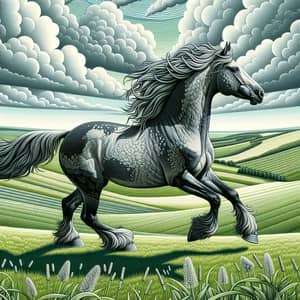 Majestic Grey Horse Galloping in Vast Green Field