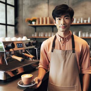 Young Asian Man's First Day as Barista: A Portrait