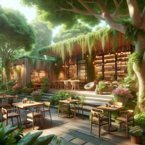 Cozy Coffee Shop Surrounded by Lush Greenery