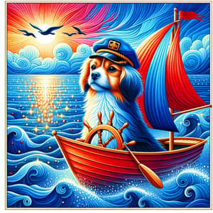Dog Sailing Boat in Blue and Red | Ocean Adventure Scene