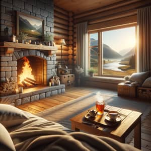 Cozy Bedroom with Bed, Cup of Tea, and Bonfire | Majestic View