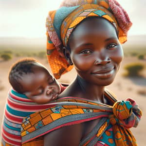 African Woman Carrying Baby in Colorful Traditional Attire