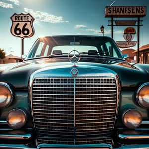 Mercedes W126 Front on Route 66 - Classic Luxury Car View