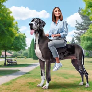 Unique Image: Woman Sitting on Great Dane Dog in Sunny Park