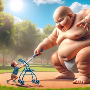 Gigantic Baby vs Toddler in Park: Surreal Combat Scene