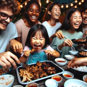 Multicultural BBQ Party: Filipino Child Enjoying Samgyupsal with Friends