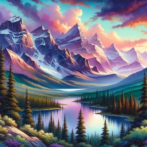 Tranquil Sunset Mountain Landscape Watercolor Art