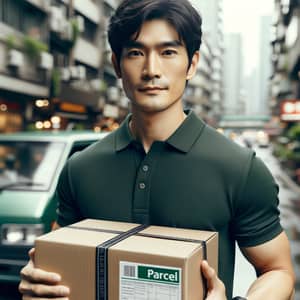 Professional Asian Delivery Man in Dark Green Polo Shirt
