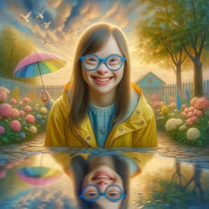 Smiling Teenaged Girl with Down Syndrome in Blue Glasses and Yellow Raincoat