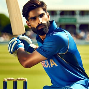 Powerful South Asian Cricket Player in Blue Jersey Batting