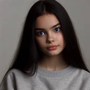 Caucasian Girl with Long Black Hair in Oversized Sweatshirt