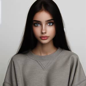 19-Year-Old Girl with Long Black Hair | Plain Sweatshirt
