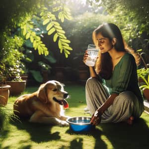 Tranquil Scene: South Asian Woman and Golden Retriever in Garden