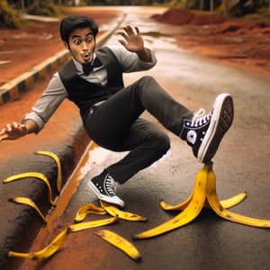 Comical South Asian Man Slipping on Banana Peel