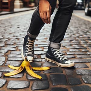 Man in Black Converse Steps on Banana Peel Urban Street Scene