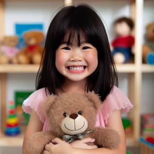 Joyful Asian Girl with New Teddy Bear Plushie in Child-Friendly Room