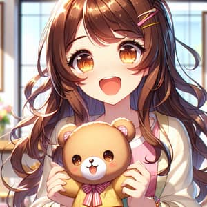 Joyful Anime Girl with New Plushie - Asian Descent