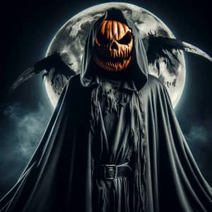 Pumpkin Headed Figure in Grim Reaper Outfit on Full Moon Night