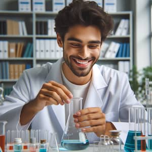 Happy Middle-Eastern Student Mixing Chemical Solutions in Chemistry Lab