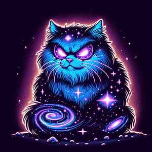 Celestial Cosmic Cat: Angry Feline in Glowing Blues & Purples