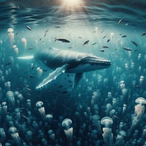 Whale Swimming Among Jellyfish in Vast Ocean