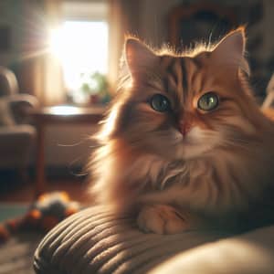 Fluffy Ginger Cat Rests on Plush Chair | Tranquil Afternoon Scene