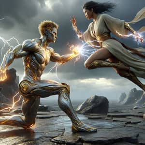 Epic Duel: Mystic vs. Warrior on Stormy Battleground