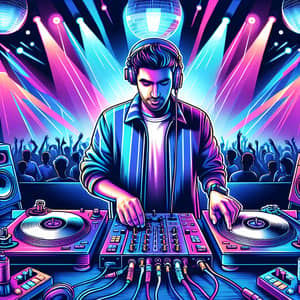 Vibrant DJ Mixing Illustration in Neon Color Scheme