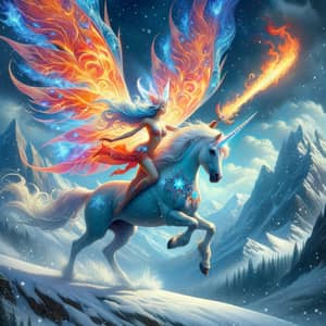 Mystical Fire Fairy Riding Blue Unicorn with Flaming Sword