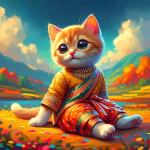 Playful Cat in Indian Dhoti Kurt: Whimsical Digital Painting