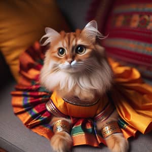 Fluffy Cat in Traditional South Asian Attire | Elegant Feline Fashion