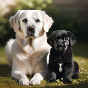Mature White Dog and Black Puppy in Sunny Outdoor Setting
