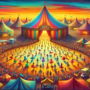 Colorful Circus Scene with Diverse Performers and Attractions