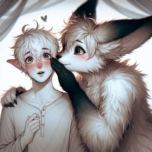Romantic Furry Creature Planting Kiss on White Boy's Cheek