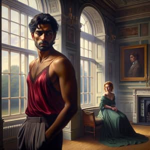 Victorian Mansion Interior with Stylish South Asian Man and Sad Caucasian Woman