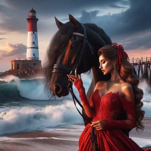 South Asian Woman in Red Stroking Majestic Horse by Lighthouse