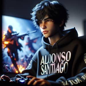 Passionate South Asian Teen in Trendy 'ALONSO SANTIAGO' Hoodie