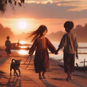 Serene Sunset Stroll: Asian Girl, Caucasian Boy & Happy Dog
