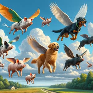 Dogs and Pigs Soaring: Imaginative Scene in the Clear Blue Sky