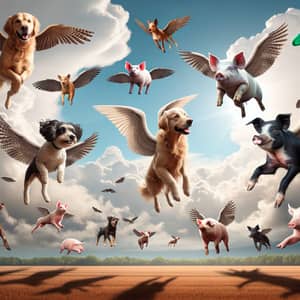 Whimsical Flying Dogs and Pigs: Playful Surreal Scene