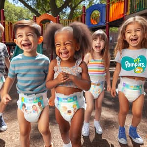 Diverse 6-Year-Old Children Playing Happily in Colorful Pampers Baby Dry Diapers