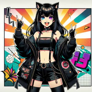 Fearless Anime-Style Girl with Cat Ears in Vibrant Manga Art