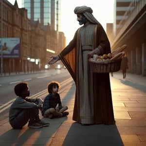 Imam Ali: Generous Middle Eastern Figure Sharing Food with Hungry Boys