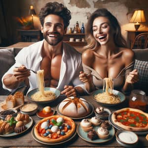 Italian Couple Indulging in Traditional Foods | Feast of Spaghetti, Sweets, Bread & Pizza