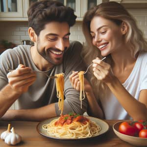 Man and Woman Eating Plate of Spaghetti