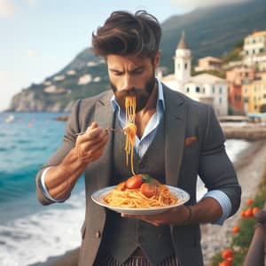 Italian Man Enjoying Plate of Spaghetti by the Sea